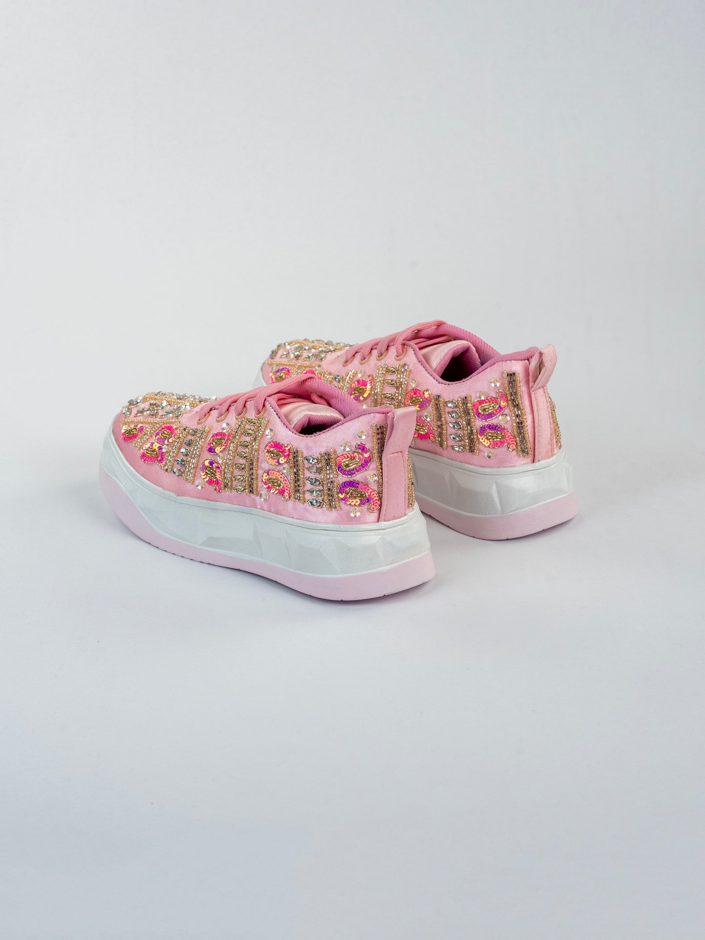 Gulbahar, Blush Pink Satin Festive Sneakers – Crystal, Kardana & Golden Beads Work