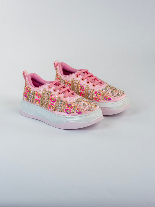 Gulbahar, Blush Pink Satin Festive Sneakers – Crystal, Kardana & Golden Beads Work