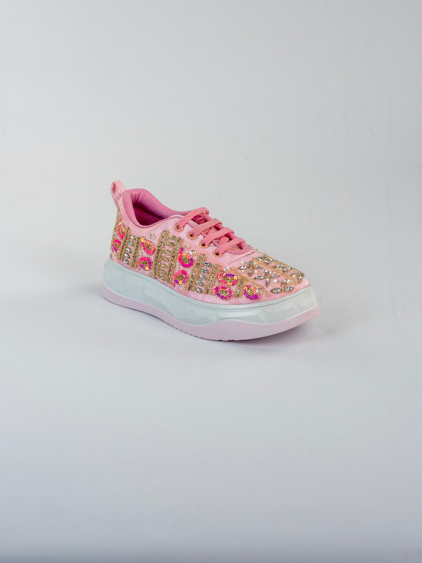 Gulbahar, Blush Pink Satin Festive Sneakers – Crystal, Kardana & Golden Beads Work