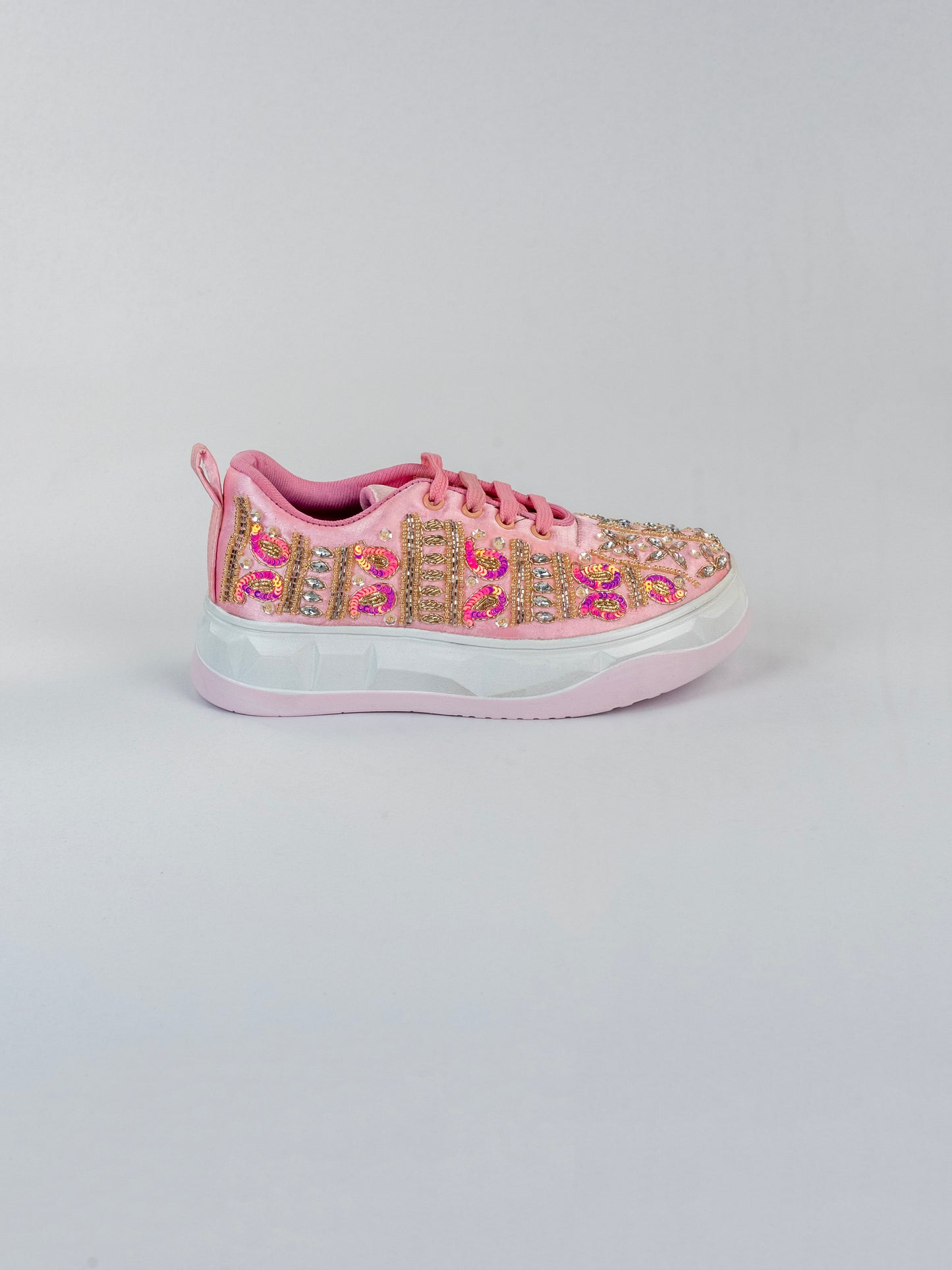 Gulbahar, Blush Pink Satin Festive Sneakers – Crystal, Kardana & Golden Beads Work