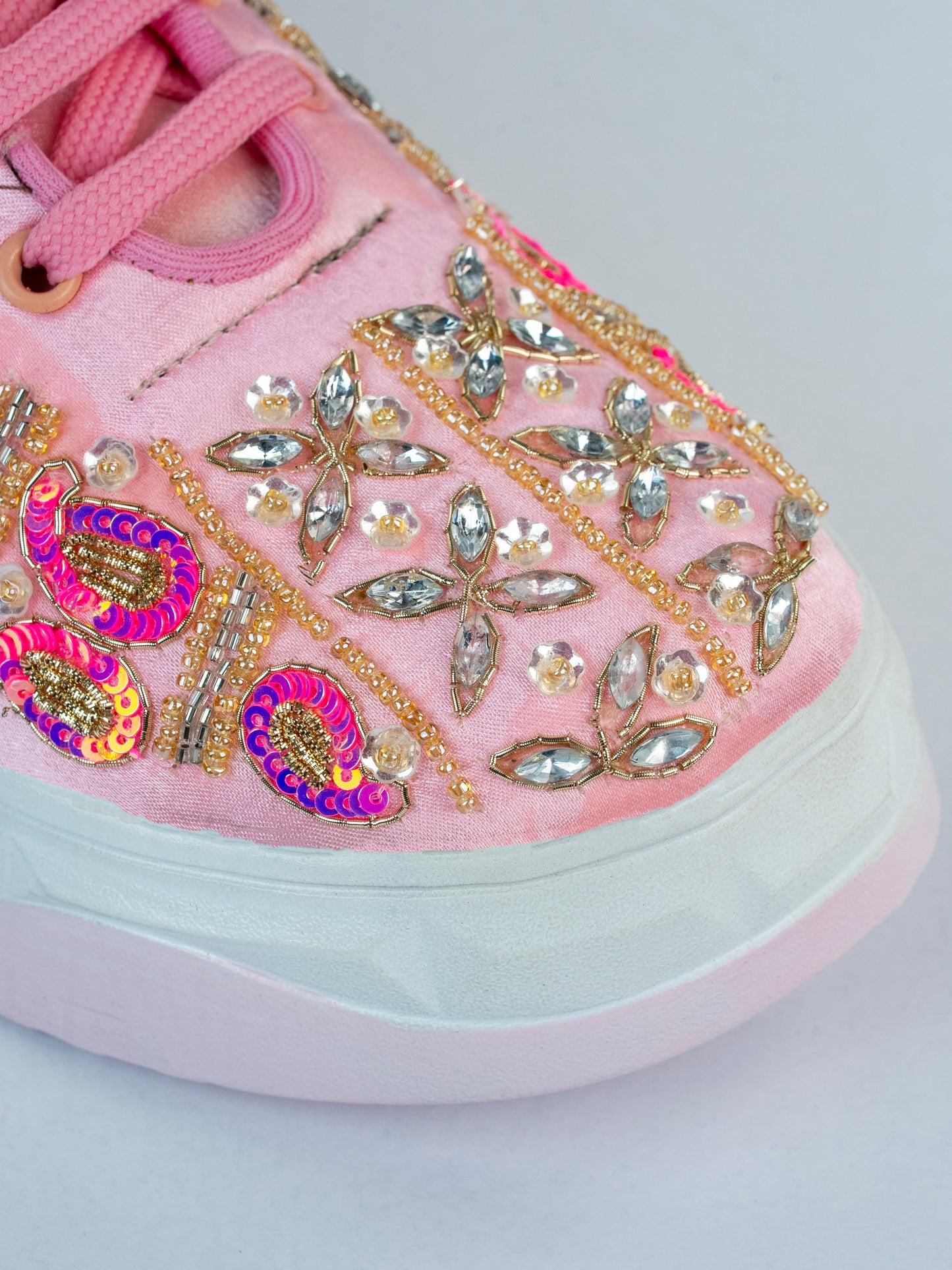 Gulbahar, Blush Pink Satin Festive Sneakers – Crystal, Kardana & Golden Beads Work
