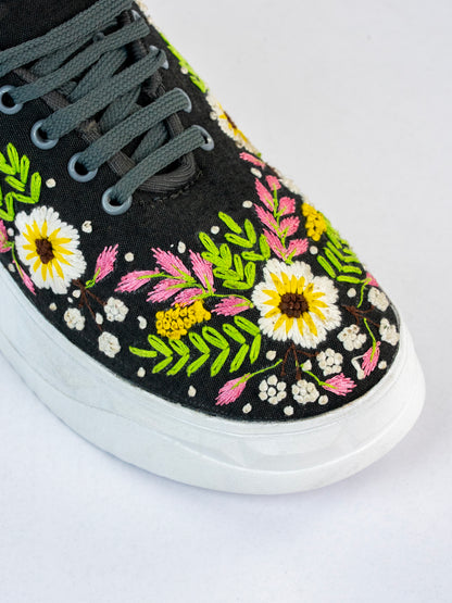 Rangoon, Black Denim Daisy & Leafy Vine Sneaker  – Multicolour Thread Work