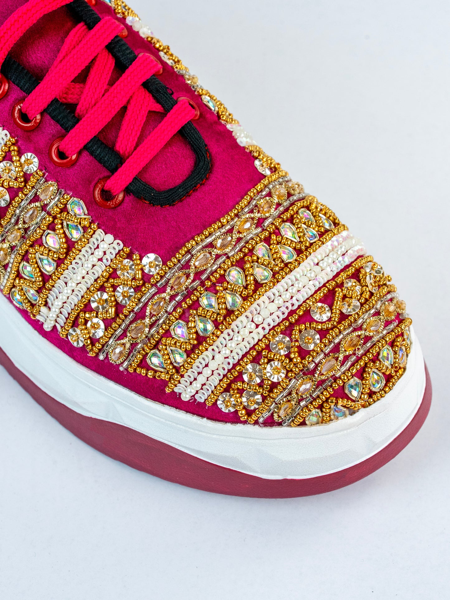 Jahanara,  Rani Pink Satin Sneaker – Sequins Leaf Trail & Golden Pearl Work