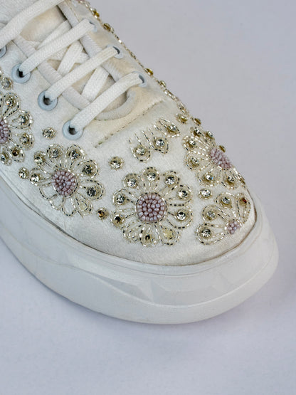 Parizah, Pearl White Bridal Satin Sneaker – Silver  Kardana & Stone Work