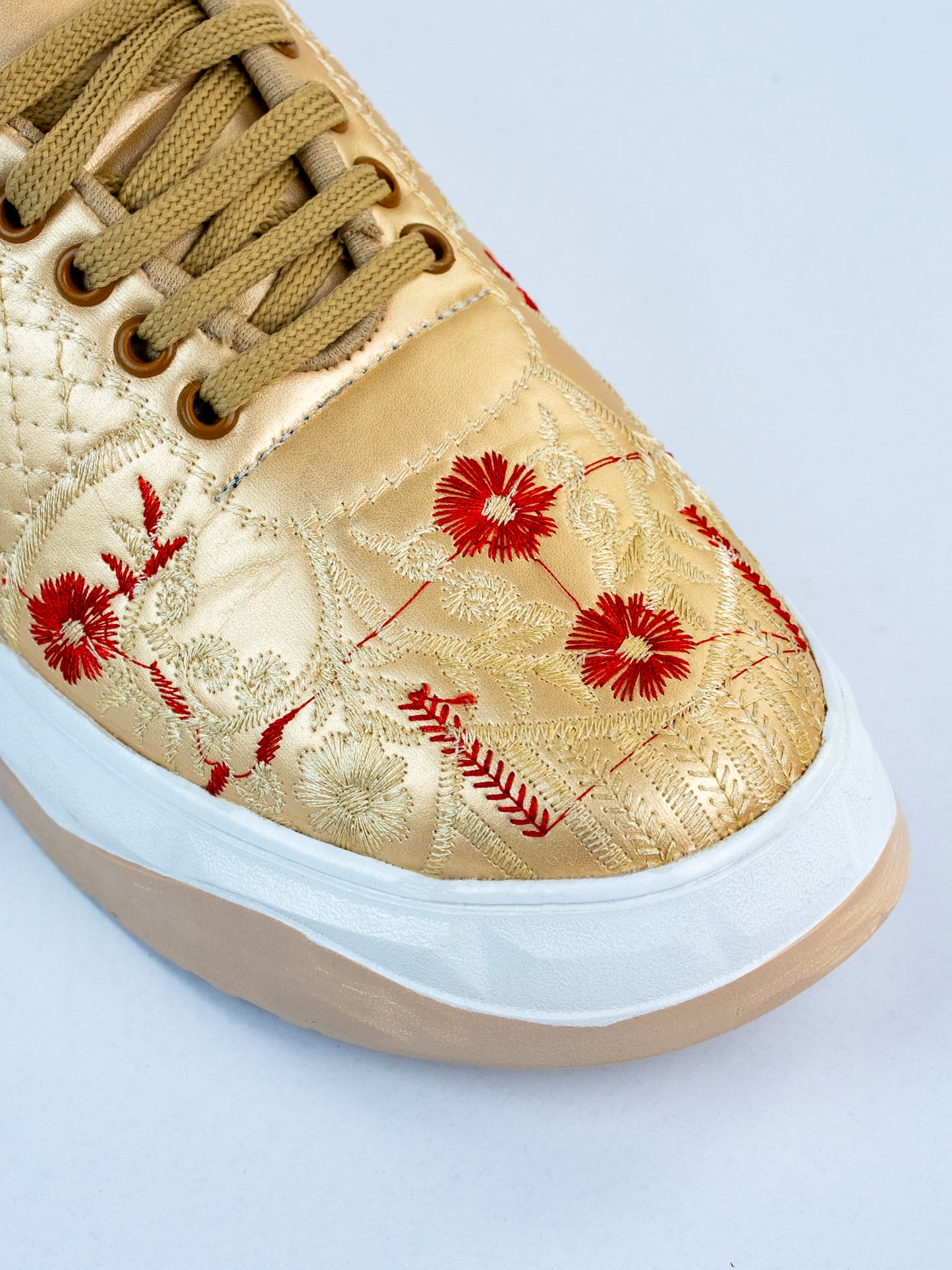 Red Bloom Gold, Premium Golden Partywear Sneakers – Floral Vine Thread Work