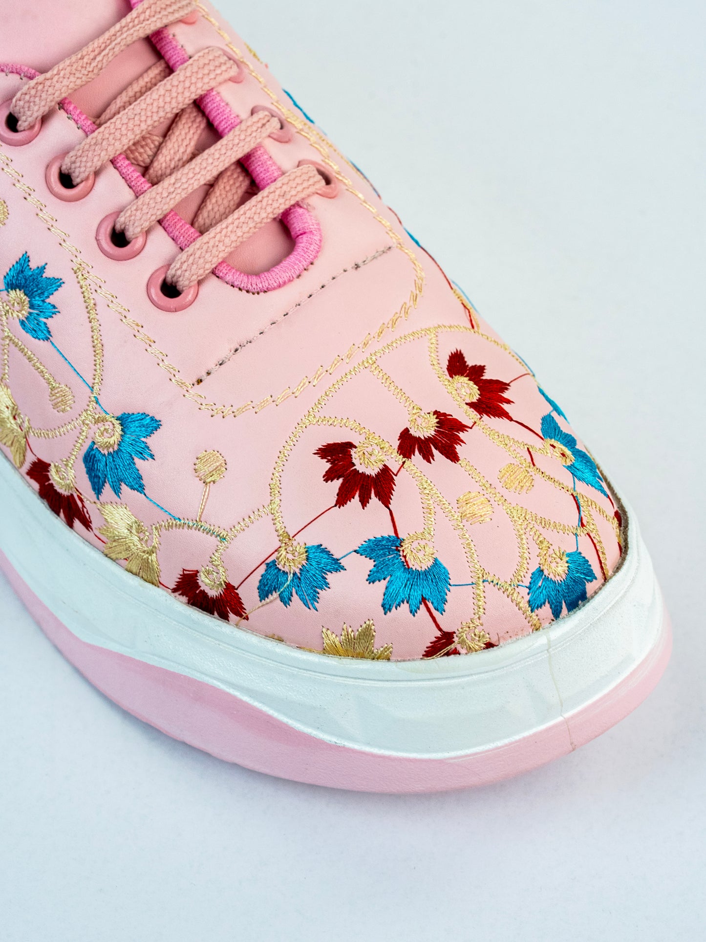 Pastel Bloom Pink Machine-Glossy Leather with Multicolor Floral Design