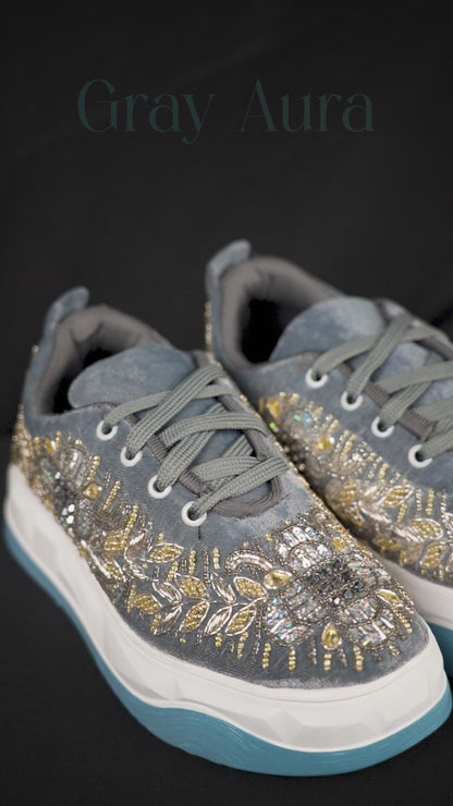 Gray Aura-Embroidered Ethnic Sneakers