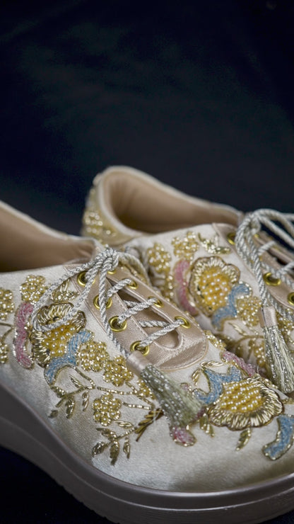 Golden Blush-Gold Floral Embroidered Wedge Sneakers
