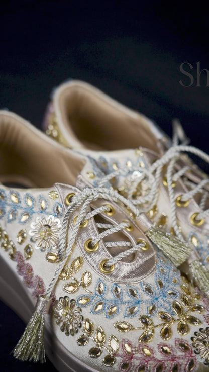 Pastel Multicolor Embroidered Gold Bridal Sneakers