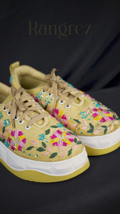 Rang Rez-Mustard Hand-Embroidered Floral Ethnic Sneakers