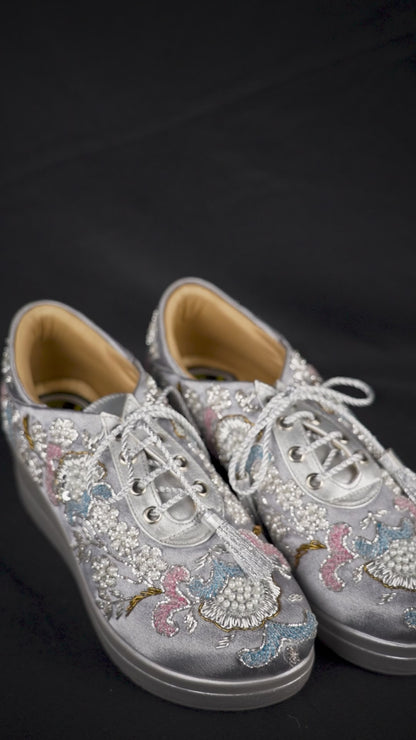 Crystal Grace-Embroidered Silver Sneakers