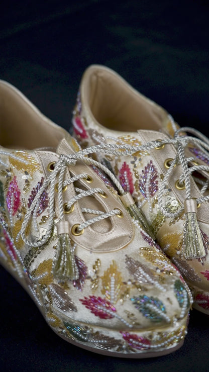 Golden Leaf-Multicolor Embroidered Gold Wedge