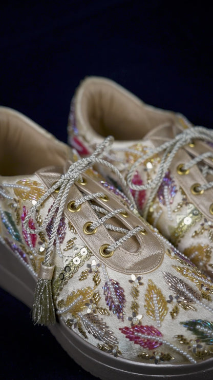 Golden Aura-Gold Embroidered Wedge Sneakers