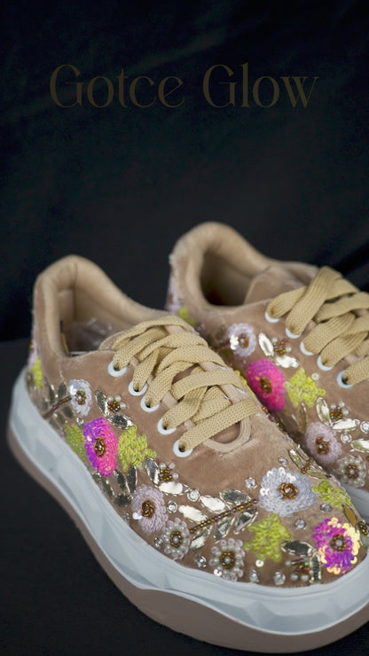 Gotce Glow-Floral Embroidered Velvet Ethnic Sneakers